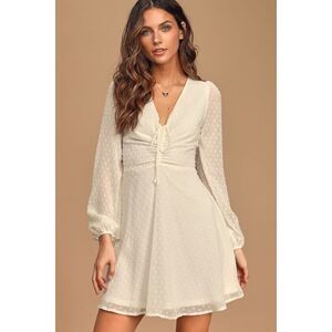 Lulus Wine And Dine White Swiss Dot Long Sleeve Skater Dress - Size L